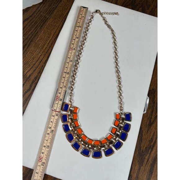 Orange & Blue Statement Necklace With Double Row Square Resin Accents On Gold-To - Picture 7 of 9